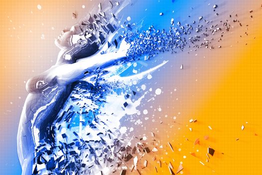 3D Art - 3D Exploding Digital Female - 3D Render.  Blue-Orange Background