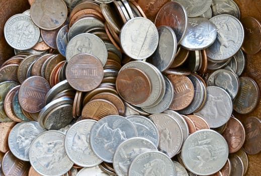 American Dollar Coins Background. Old Rustic American Coins Horizontal Closeup Photography.