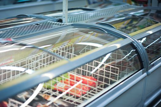 Commercial Refrigerator with Ice-Creams Inside. Cooling Storage - Refrigerator Horizontal Photo.