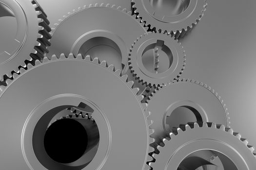 Silver Tech Gears Background. 3D Rendered Polished Metallic Gears Background