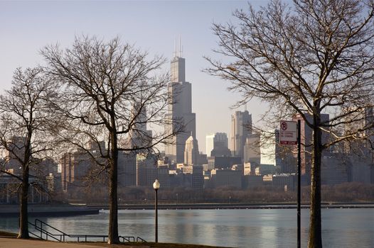 Dry Winter in Chicago. Downtown Chicago Skyline. Picture Taken From Adler Planetarium Lakefront. Calm Lake Michigan.