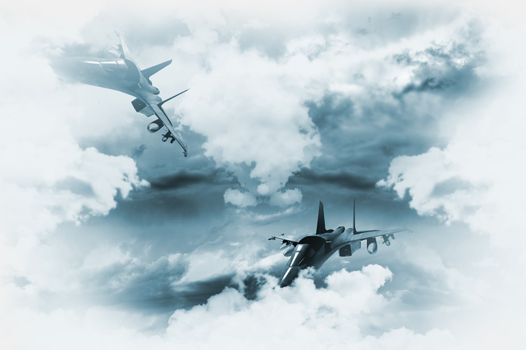 Jets Background. Two Fighter Jets in Mission. Great as Background for Military Related Artworks. Two Jets Between the Clouds Illustration.
