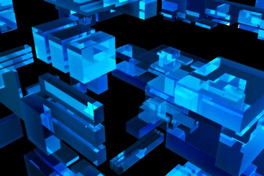 Blue 3D Blocks - Dark Background. 3D Render Illustration. Blocks Background.
