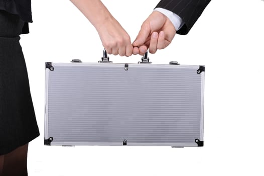 Silver Hard Case with Some Important Documents Keeping by Men and Woman. Clipped Photo.