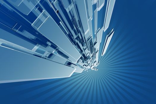 Blue Hi-Tech Design. Hi-Tech Background. 3D Rendered Glassy Blocks and Copy Space.