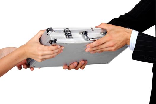 Case Fight. Men and Woman Fight for Silver Case. White Solid Background. Market Share Theme.
