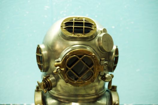 Vintage Deep Sea Diver Metal Helmet. Vintage Diving Equipment. Horizontal Photography.