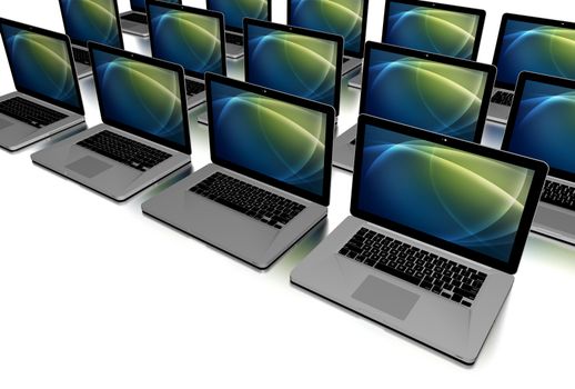 Laptops Farm. Computers Stock on Solid White Background. 3D Render Illustration.