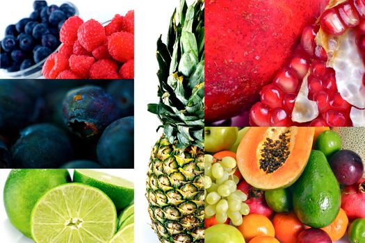 Fruits Freshness. Multi-Fruits Mosaic. Blueberries, Raspberries, Pineapple, Limes, Pomegranate, Avocado, Grapes and More! Fruits and One More Time Fruits.