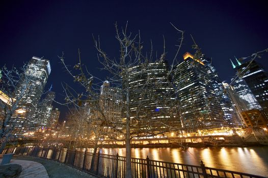 Chicago Downtown at Night. Chicago River Front Properties