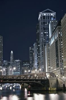 Modern Chicago at Night. 2012 Chicago and Chicago River. Downtown Vertical Photography. Chicago USA