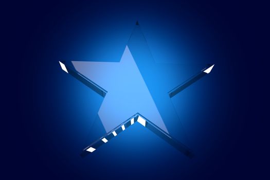 Glass Star on Dark Blue Background. Glass Star Copy Space. Horizontal 3D Glassy Star Background.