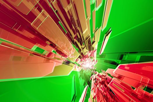 Red-Green Tech. Abstract 3D Rendered Red-Green Glass Objects Background. Streaming Media Abstract Design.