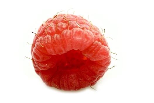 Single Fresh Raspberry in Macro Photography. Raspberry Fruit Isolated on White.