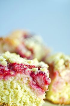 Good Looking and Tasty, Fresh Strawberry Cake. Baby Blue Background