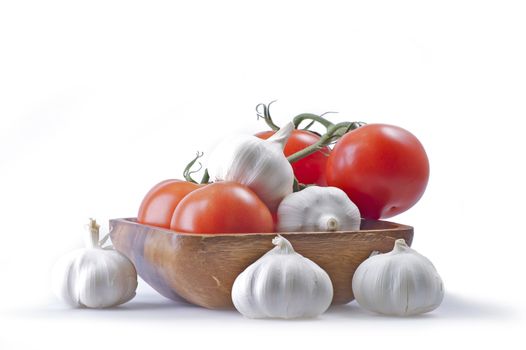 Garlic and Paprika Vegetables on White Background. Fresh Raw Garlic and Red Paprikas Vegetables Horizontal Photography.
