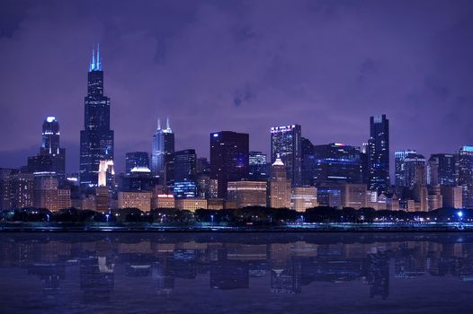 Chicago Skyline Panorama - Chicago Skyline East Side - Lake Front. Horizontal After Dark Photography