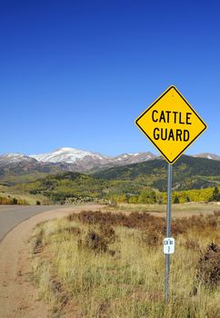 Cattle Guard Road Sign - Cattle Grid Known as a Vehicle Pass, Texas Gate - Colorado Landscape