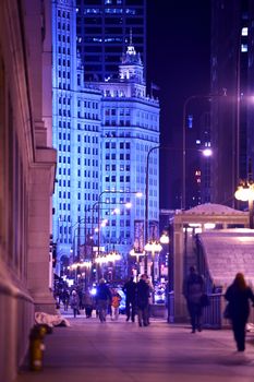 Chicago Michigan Avenue Vertical Photography After Dark. Chicago, Illinois, USA. Chicago\'s Famous Street Located in Downtown.