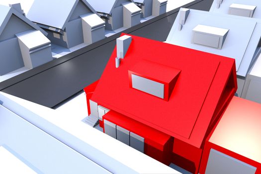 Red House - Real Estate 3D Render Illustration Theme. Light Blue-Gray Residential Area with Single Red House.
