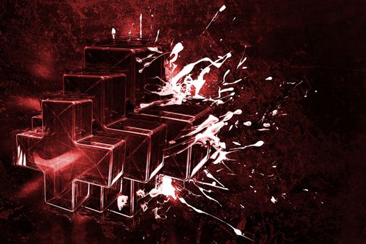 Red Plus Signs. Three Red Glassy Plus Signs 3D Render Illustration. Plus Signs and White Liquid Splashes. Dark Red Theme.