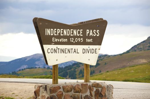 Independence Pass Wood Sign. Elevation 12,095. Continental Divide. East from Aspen. Colorado USA.