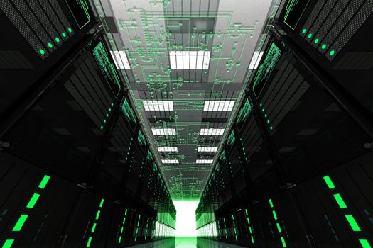 Servers Room. Large Data Center with Many Web Servers. Electronic Schema on the Top. Hosting Theme Render.