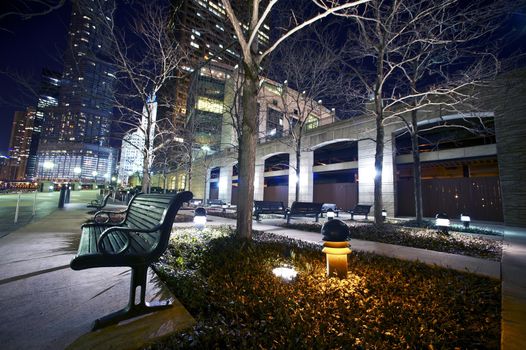Bench on Chicago Riverwalk at Night. Downtown Chicago at Night. Horizontal Wide Angle Photography