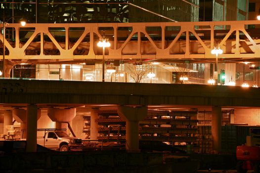 Urban Theme. City at Night. Multilevel Streets, Construction Zone and Some Bridge. Urban Background