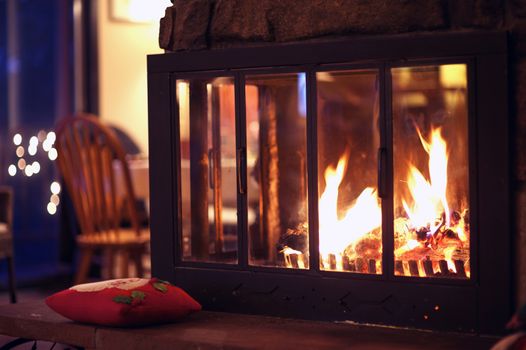 Hot Fireplace Inside Mountain Home. Home Interiors Photo Collection. Wood Burning Inside Fireplace.