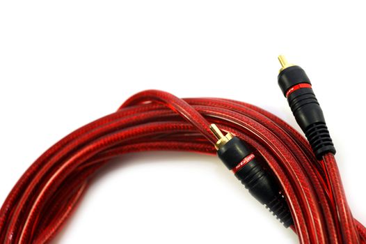 Red Composite Video Cable with Golden Connectors. Solid White Background