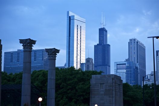 Millennium Park and Skyscrapers - Chicago, Illinois USA. American Architecture After Sunset. Summer 2010