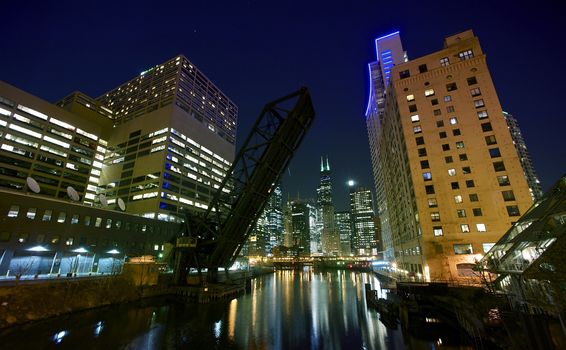 City Lights Chicago Downtown. Chicago Night Time Photography. Old Bridge and River.