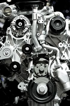 Aluminium Modern Powerful and Economic Car Engine. Vertical Photography