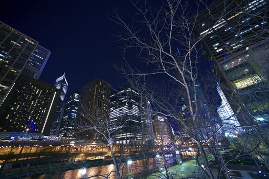 Cityscape at Night - Downtown Chicago, Illinois, United States of America. Chicago After Dark. Chicago River.