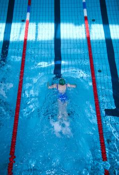 Young Female Swimmer in the Swimming Pool - Top View. Sports Photo Collection.