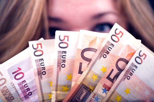 Woman with Euros in Hands. 50 Euros Bills. Horizontal Photo