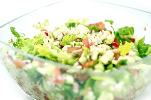 Fresh Salad. Greens, Tomatoes, Feta Cheese, Cucumber. White Solid Background