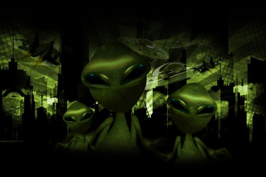 Aliens Invasion Dark Green Theme. Funny Aliens, UFOs and Jet Fighters on the Sky. Cool Aliens Design