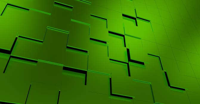 Green Abstract 3D Background. Multi-Green Squares Wall. 3D Rendered Background.