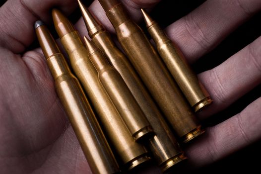 Few Rifle and Firearm Bullets in Men Hand. Bullets Closeup Horizontal Photo.