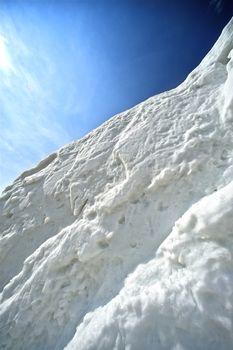 Winter Snowfields Vertical Photography. Party Cloudy Blue Sky Above Snowfield.