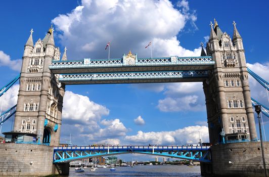 Tower Bridge in London. Tower Bridge on the River Thames in South East London, England. Tower Bridge Horizontal Photography. Cloudy Summer Sky - Day Light