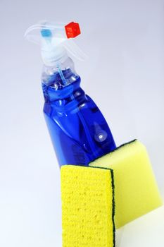 Cleaning Kit - Anti Bacterial Liquid in Spray and Two Sponges Cleaning Kit. Vertical Photo
