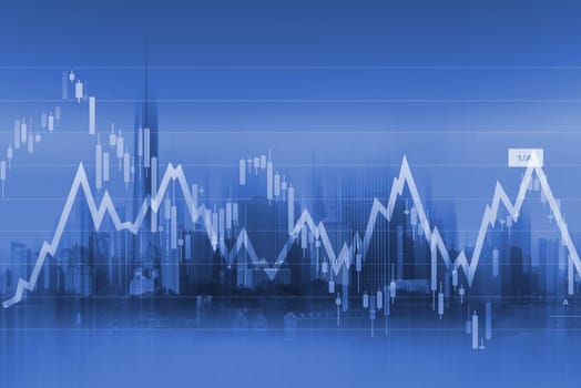 Currency Trading Background with Graph Stats and Modern Cityscape in the Background. 