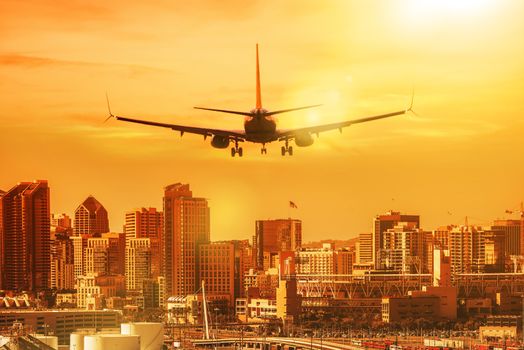 San Diego Vacation Destination. Airplane Preparing to Landing in the San Diego, California, United States.