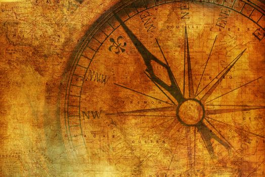 Vintage Journey Background with Aged Metallic Compass. Vintage Backdrop.