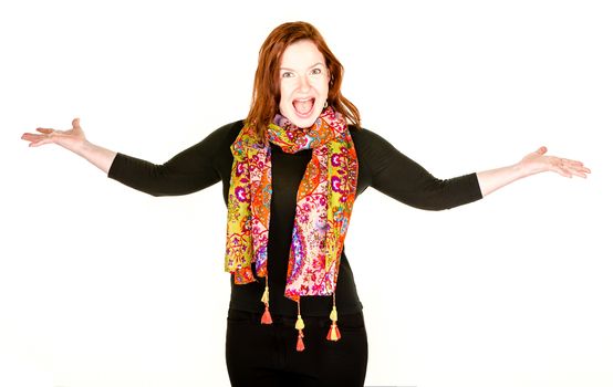 Dramatic woman with arms outstretched on white background