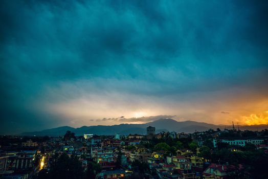 Thunderstorm over Patan at sunset  in the Kathmandu valley, Nepal