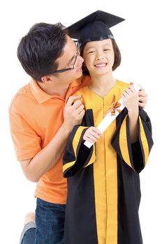 Asian daughter in graduation gown.Taking photo with her father.